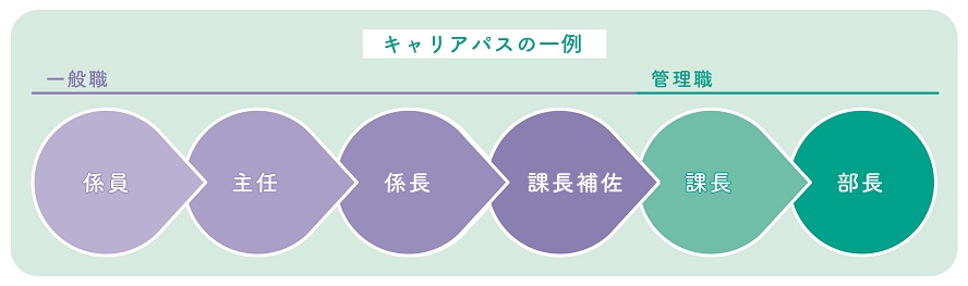 【キャリアパスの一例】一般職：係員→主任→係長→課長補佐→管理職：課長→部長