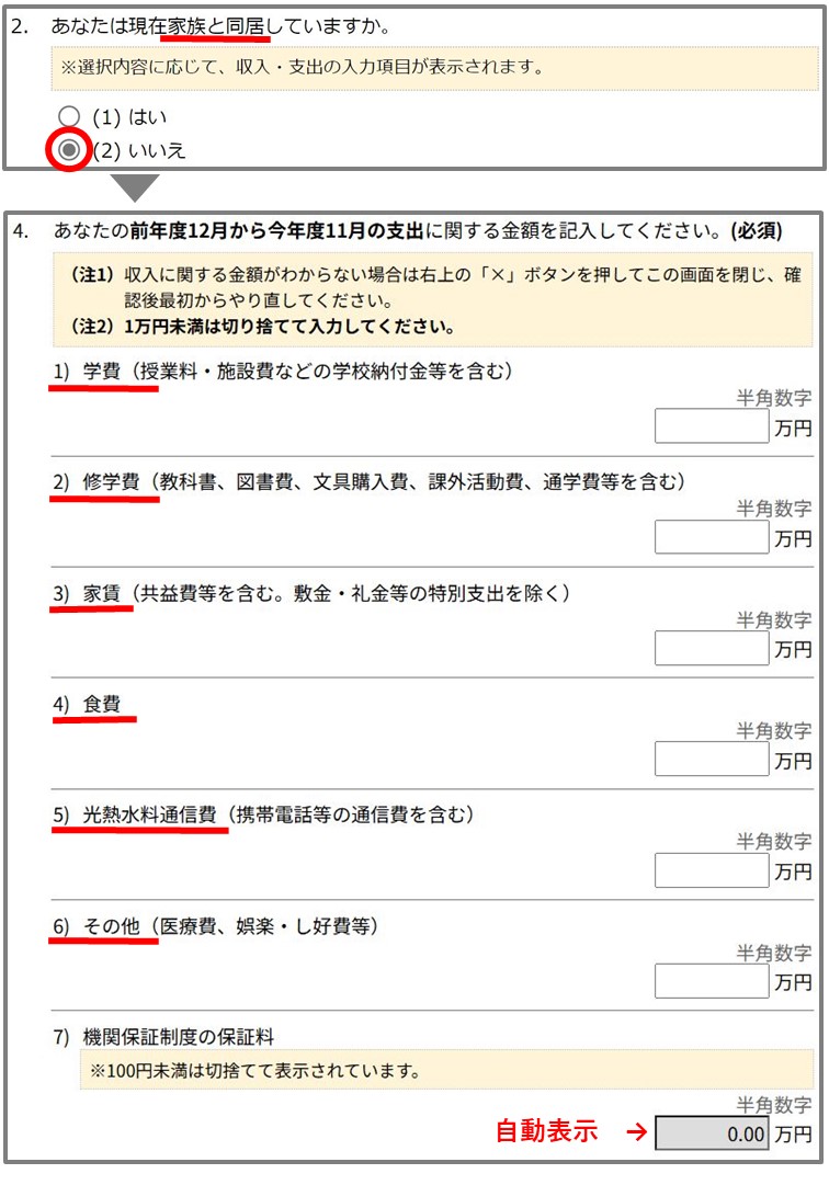 支出（入力する日に「家族と同居していない」方）入力画面の画像