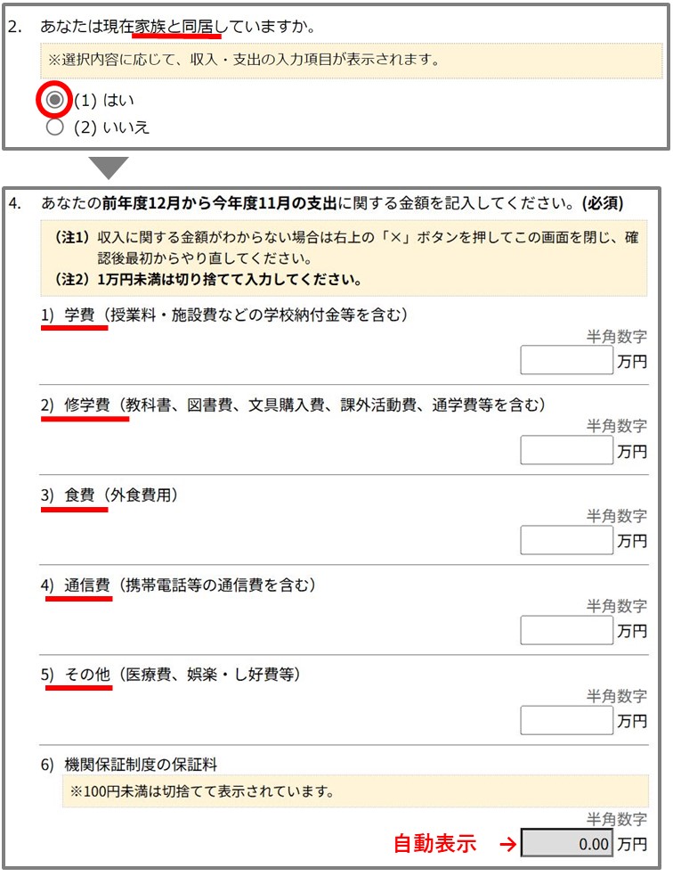 支出（入力する日に「家族と同居している」方）入力画面の画像
