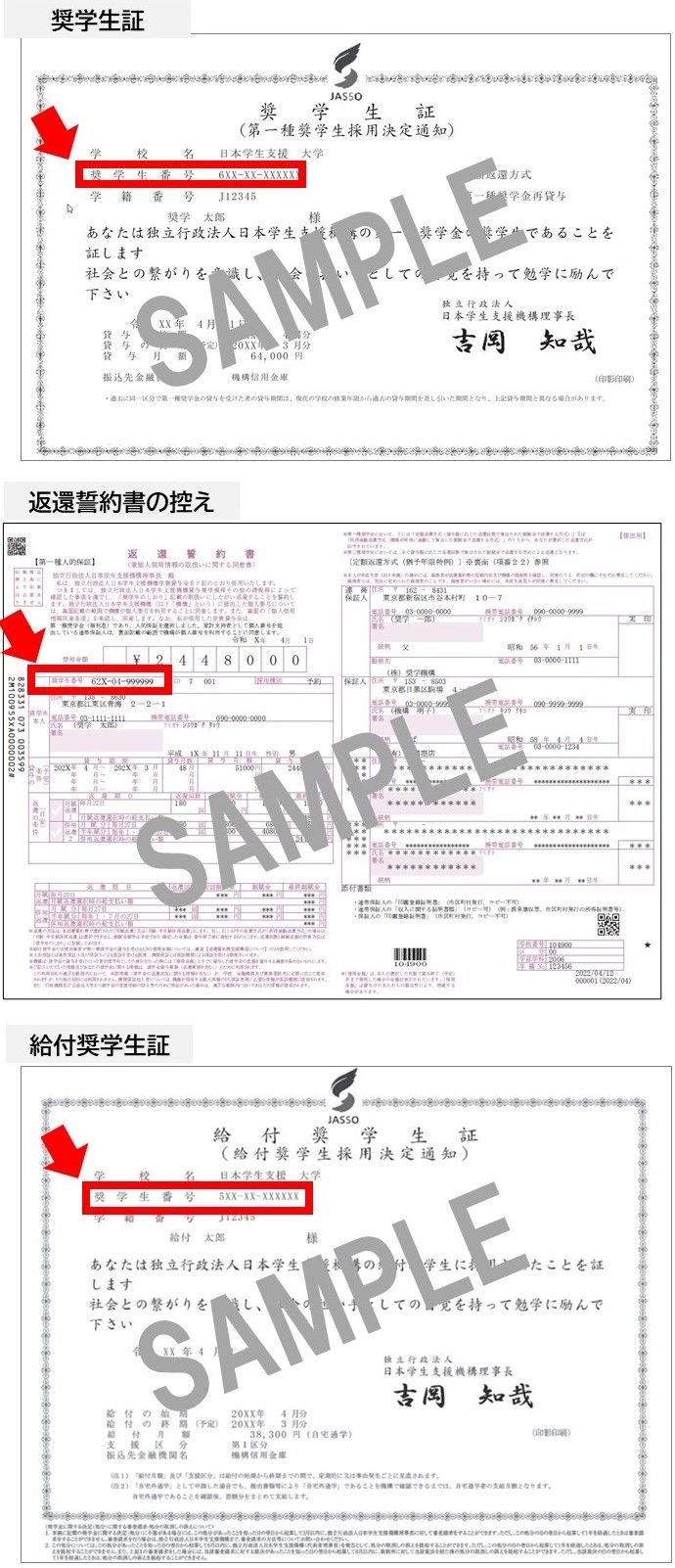 奨学生証や返還誓約書の例示画像