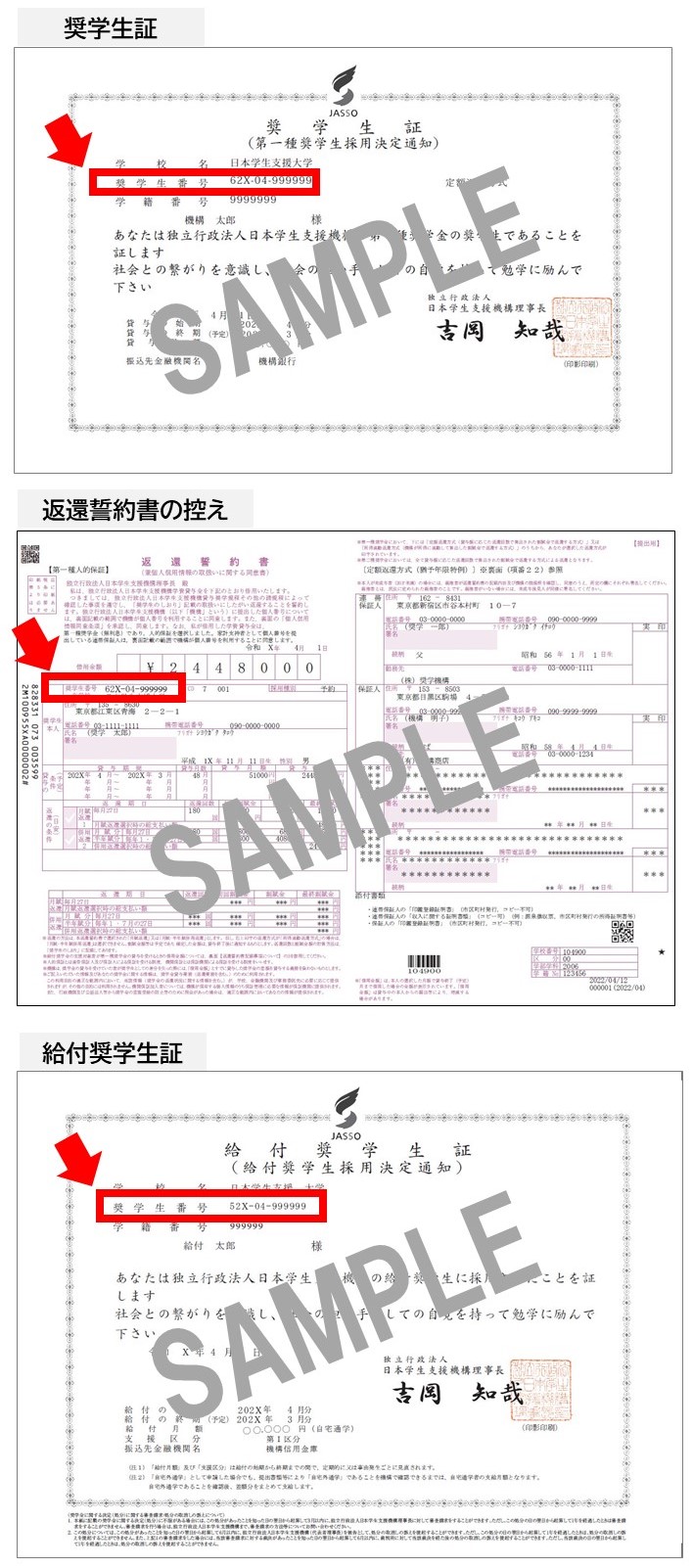 奨学生証や返還誓約書の例示画像