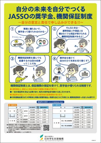 自分の未来を自分でつくるJASSOの奨学金、機関保証制度についてのチラシ